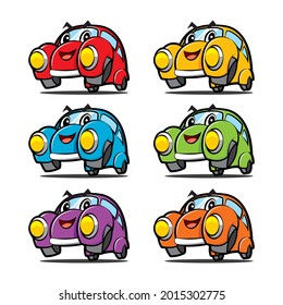 Cute cartoon car character collection in various colour variations - vector