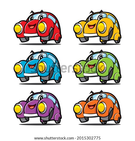 Cute cartoon car character collection in various colour variations - vector