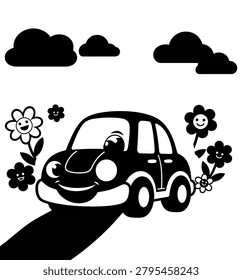 Cute Cartoon Car Coloring Page for Kids | Cute Transportation Illustration
