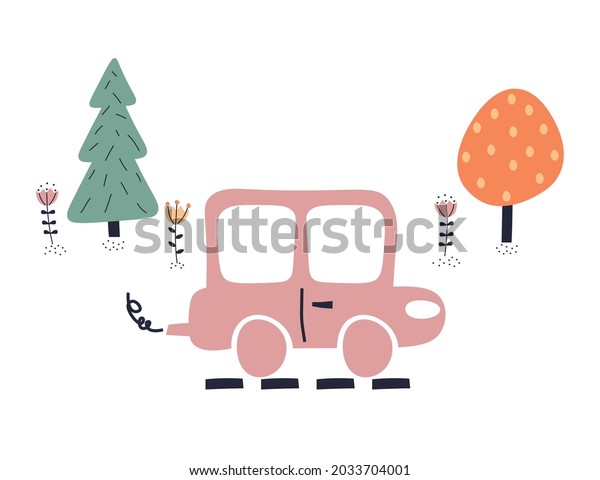 Cute\
cartoon car driving on the road. Trees and flowers on a white\
isolated background. Hand drawn pink child car, motor vehicle.\
Clipart, flat vector background. Childish print.\
