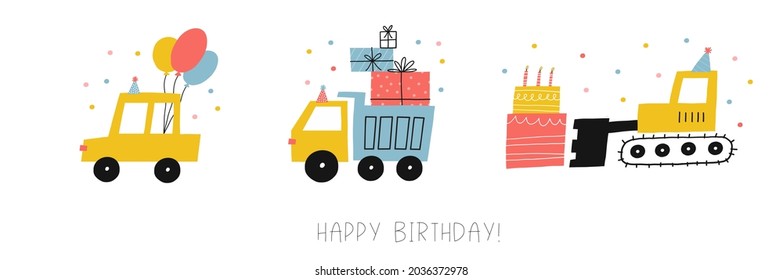 Cute Cartoon Car - Happy Birthday Vector Print. Cars, Truck On Birthday Party With Gifts, Balls And Cake