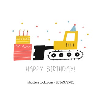 Cute cartoon car - Happy Birthday vector print. Cars, truck on birthday party with gifts, balls and cake