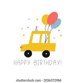 Cute cartoon car - Happy Birthday vector print. Cars, truck on birthday party with gifts, balls and cake