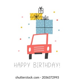 Cute cartoon car - Happy Birthday vector print. Cars, truck on birthday party with gifts, balls and cake