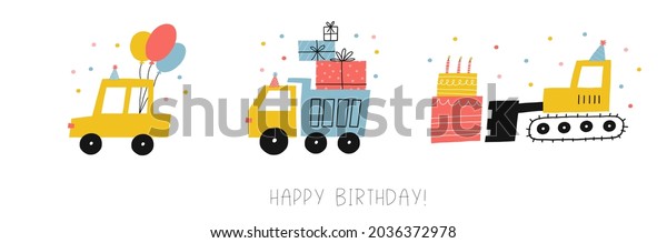 Cute cartoon car - Happy\
Birthday vector print. Cars, truck on birthday party with gifts,\
balls and cake