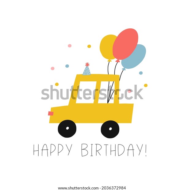 Cute cartoon car - Happy\
Birthday vector print. Cars, truck on birthday party with gifts,\
balls and cake