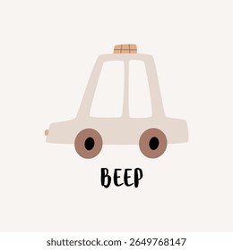 Cute cartoon car illustration with the word "BEEP" below. Minimalist design in soft beige tones, perfect for nursery decor, baby boy posters, or kids apparel prints.