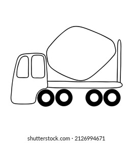 Cute cartoon car - outline concrete mixer. Vector print with childrens cars for colouring page.