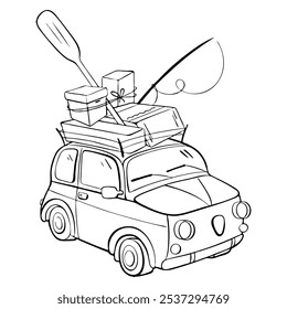 A cute cartoon car is packed and ready for an exciting adventure filled with joy. Vector sketch illustration. tourism