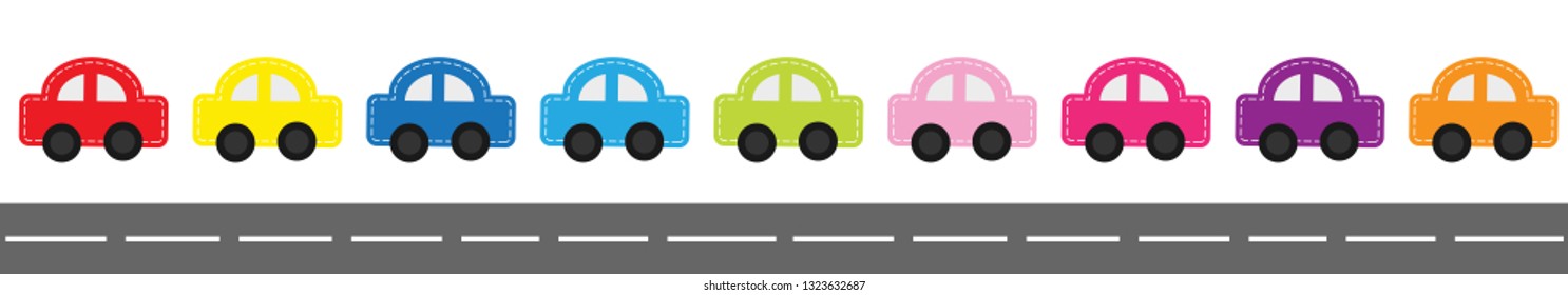 Cute cartoon car set with dash line and horizontal road. Baby kids style. Flat design. White background. Isolated. Vector illustration