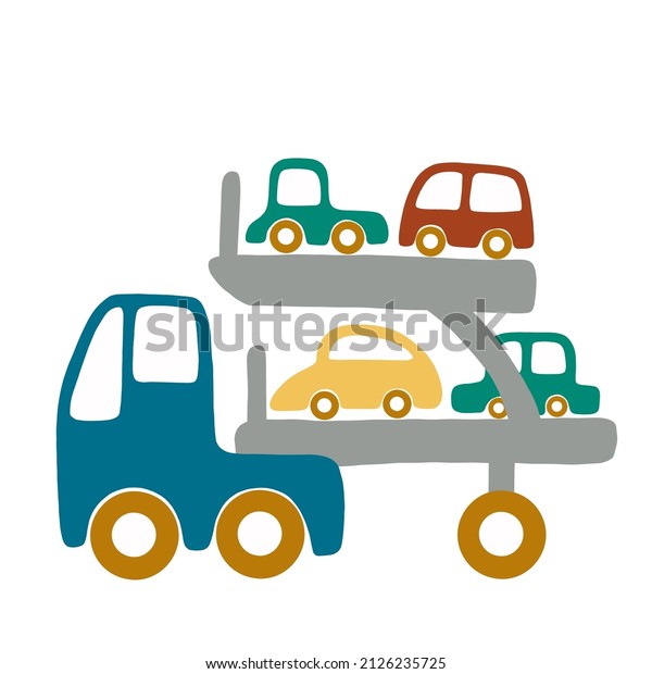 Cute cartoon car - transporter with 4 passengers\
cars. Vector print with childrens cars for fabric, textile and\
wallpaper design.