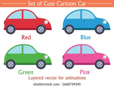 Cute cartoon car vector set. Red, blue, green, and pink mini hatchback cars. Well organized vector on isolated white background. For animations and cool designs. Printable eps 10 format.