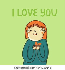 Cute cartoon card with girl and i love you text. Funny cartoon character. Hand drawing childish background.