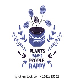 Cute cartoon card with home plant, flower in pot, home garden or greenhouse, with lettering, isolated element on white. Flat style, Scandinavian. Vector illustration