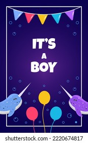 Cute cartoon card. "It is a boy! text with narwhal, garlands, bubble and balloons underwater. Can be used for baby shower.