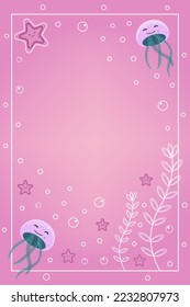 Cute cartoon card. With jellyfish, starfish, algae and bubble underwater. Pink and violet, yellow,  background. For card, invitation, certificat, celebration.