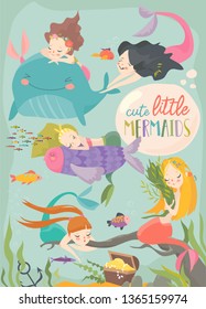 Cute cartoon card with little mermaids. Under the sea