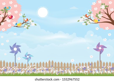 Cute cartoon card for spring season with mini windmill behind wooden fence, illustration Summer creative background with copy space,Template for your text. Nature landscape with blue sky 