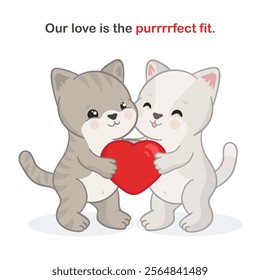 Cute cartoon card for Valentine's day with two puffy hand drawn kittens holding a big hear together. Minimalist poster with doodle romantic illustration with adorable little cats who love each other.