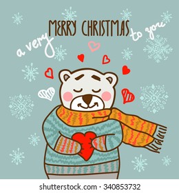 Cute cartoon card in vector with happy teddy bear. Christmas  design.