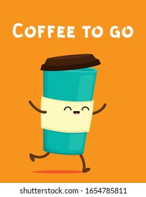 Cute cartoon cardboard coffee cup. Take away coffee. Funny coffee to go sticker. Happy eco container for beverage vector character