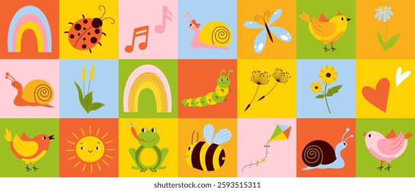 Cute cartoon cards with nature, spring elements. Childrens elements set, greeting card, invitations. Vector flat illustrations