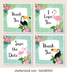 Cute cartoon cards with tropical leaves, flowers, bids, flamingo. Thank you, Save the Date, I Love You signs
