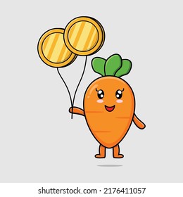 Cute cartoon carrot businessman floating with gold coin balloon cartoon vector illustration