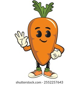 cute cartoon carrot character with cheerful face and leaf greet by waving hand, happy orange carrot mascot friendly expression, cartoon food, work of hand drawn