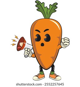 cute cartoon carrot character with cheerful face and leaf shouting with a loudspeaker, happy orange carrot mascot friendly expression, cartoon food, work of hand drawn