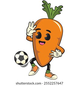 cute cartoon carrot character with cheerful face and leaf playing football or soccer ball with his feet, happy orange carrot mascot friendly expression, cartoon food, work of hand drawn