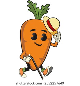 cute cartoon carrot character with cheerful face and leaf carrying a stick and saluting with raised hat, happy orange carrot mascot friendly expression, cartoon food, work of hand drawn