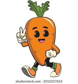 cute cartoon carrot character with cheerful face and leaf walking with a peace sign, cartoon mascot, happy orange carrot mascot friendly expression, cartoon food, work of hand drawn