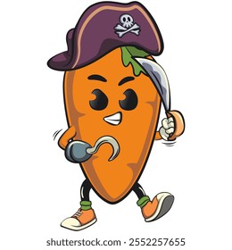 cute cartoon carrot character with cheerful face and leaf as pirate with dagger, happy orange carrot mascot friendly expression, cartoon food, work of hand drawn