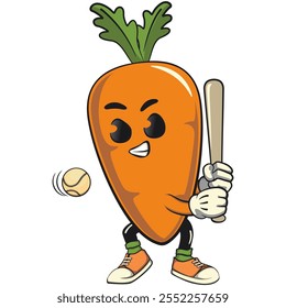 cute cartoon carrot character with cheerful face and leaf playing baseball ready to hit the ball with the ball, happy orange carrot mascot friendly expression, cartoon food, work of hand drawn