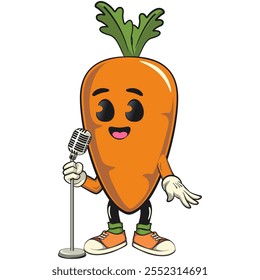 cute cartoon carrot character with cheerful face and leaf on front of the mic become a stand up comedian, happy orange carrot mascot friendly expression, cartoon food, work of hand drawn