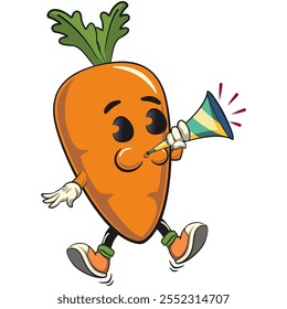 cute cartoon carrot character with cheerful face and leaf blow the party horn trumpet, happy orange carrot mascot friendly expression, cartoon food, work of hand drawn