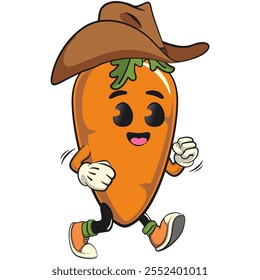 cute cartoon carrot character with cheerful face and leaf wearing a cowboy hat walking calmly, happy orange carrot mascot friendly expression, cartoon food, work of hand drawn