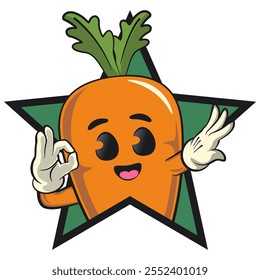 cute cartoon carrot character with cheerful face and leaf out from of a star by giving an OK sign, happy orange carrot mascot friendly expression, cartoon food, work of hand drawn