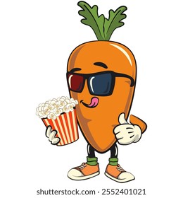 cute cartoon carrot character with cheerful face and leaf with a bucket of popcorn with wearing 3d glasses, happy orange carrot mascot friendly expression, cartoon food, work of hand drawn