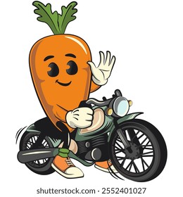 cute cartoon carrot character with cheerful face and leaf riding a big motorcycle, happy orange carrot mascot friendly expression, cartoon food, work of hand drawn