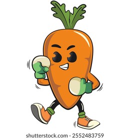 cute cartoon carrot character with cheerful face and leaf practicing boxing wearing boxing glove, happy orange carrot mascot friendly expression, cartoon food, work of hand drawn