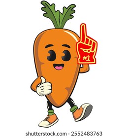 cute cartoon carrot character with cheerful face and leaf raise foam finger, happy orange carrot mascot friendly expression, cartoon food, work of hand drawn