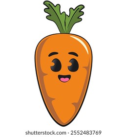 cute cartoon carrot character with cheerful face and leaf, happy orange carrot mascot friendly expression, cartoon food, work of hand drawn