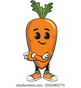 cute cartoon carrot character with cheerful face and leaf folding his arms calmly, happy orange carrot mascot friendly expression, cartoon food, work of hand drawn