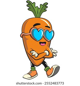 cute cartoon carrot character with cheerful face and leaf wearing heart shaped beach sunglasse, happy orange carrot mascot friendly expression, cartoon food, work of hand drawn