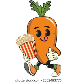 cute cartoon carrot character with cheerful face and leaf brought a box of french fries, happy orange carrot mascot friendly expression, cartoon food, work of hand drawn