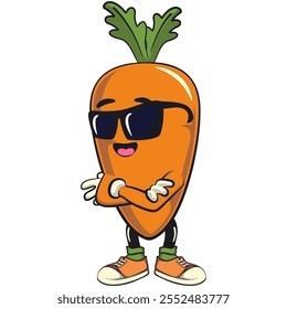 cute cartoon carrot character with cheerful face and leaf wearing sunglasses folding his arms calmly, happy orange carrot mascot friendly expression, cartoon food, work of hand drawn