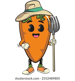 cute cartoon carrot character with cheerful face and leaf as farmer in hat with his fork, happy orange carrot mascot friendly expression, cartoon food, work of hand drawn