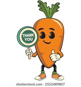 cute cartoon carrot character with cheerful face and leaf carrying a sign saying thank you, happy orange carrot mascot friendly expression, cartoon food, work of hand drawn